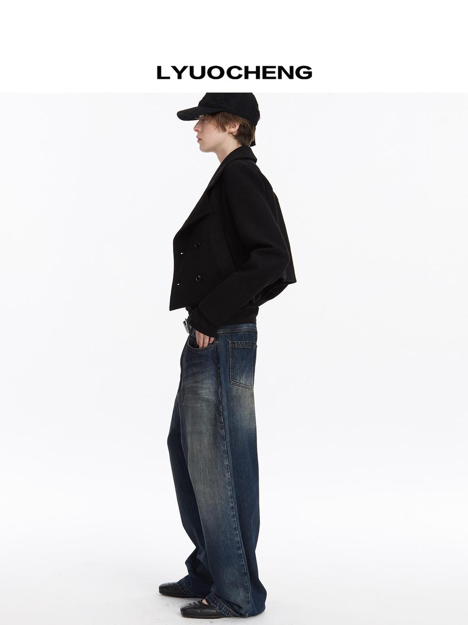 LYUOCHENG Double Breasted Wool Blend Stand Collar Short Coat