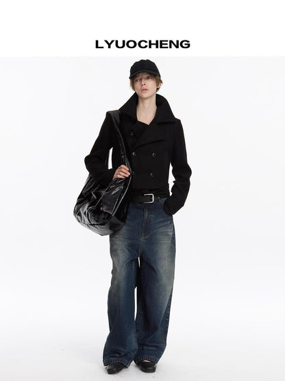LYUOCHENG Double Breasted Wool Blend Stand Collar Short Coat