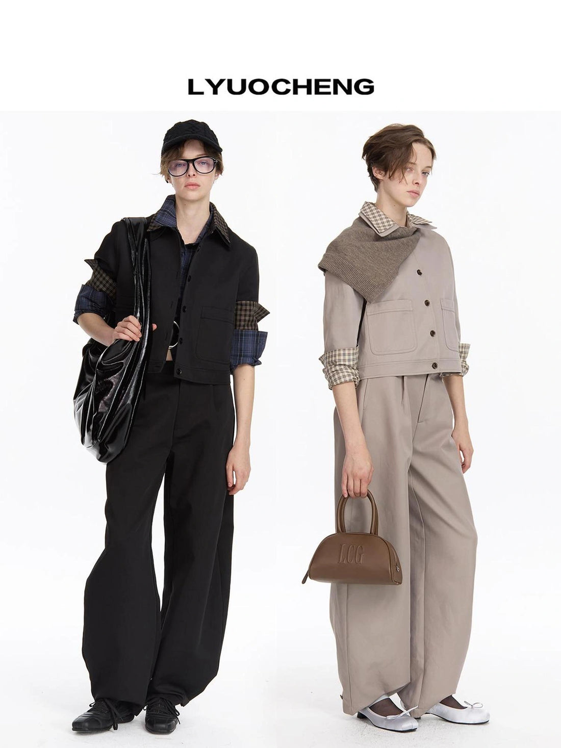 LYUOCHENG Double Collar Checkered Jacket Wide Leg Trousers Set