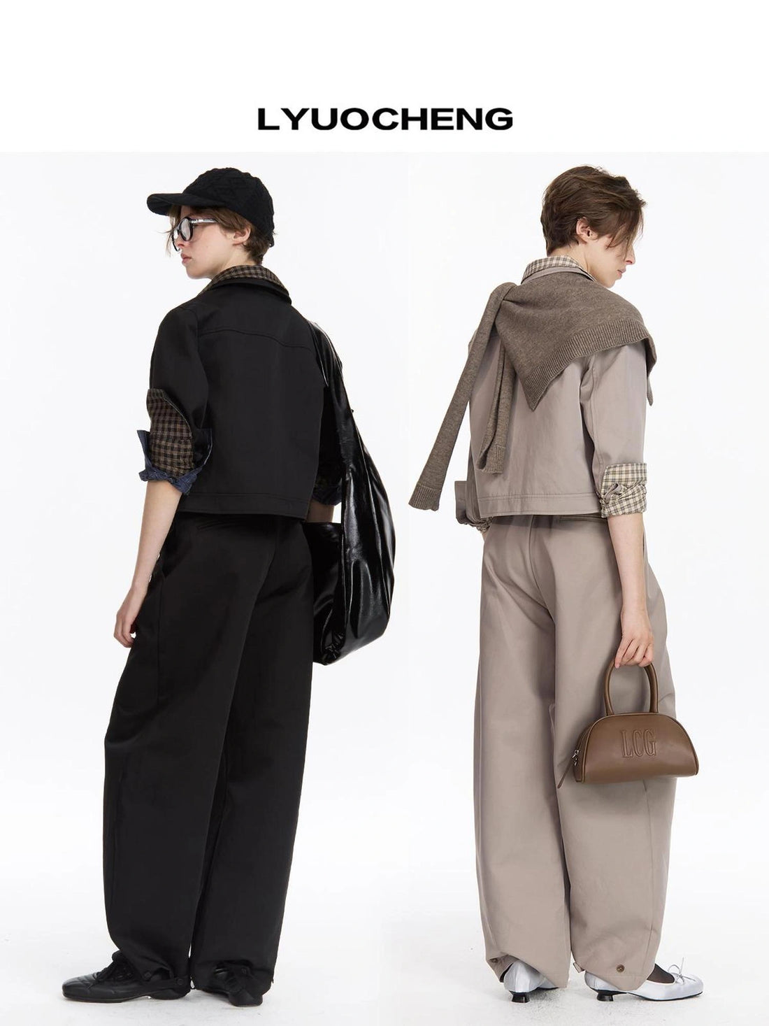 LYUOCHENG Double Collar Checkered Jacket Wide Leg Trousers Set