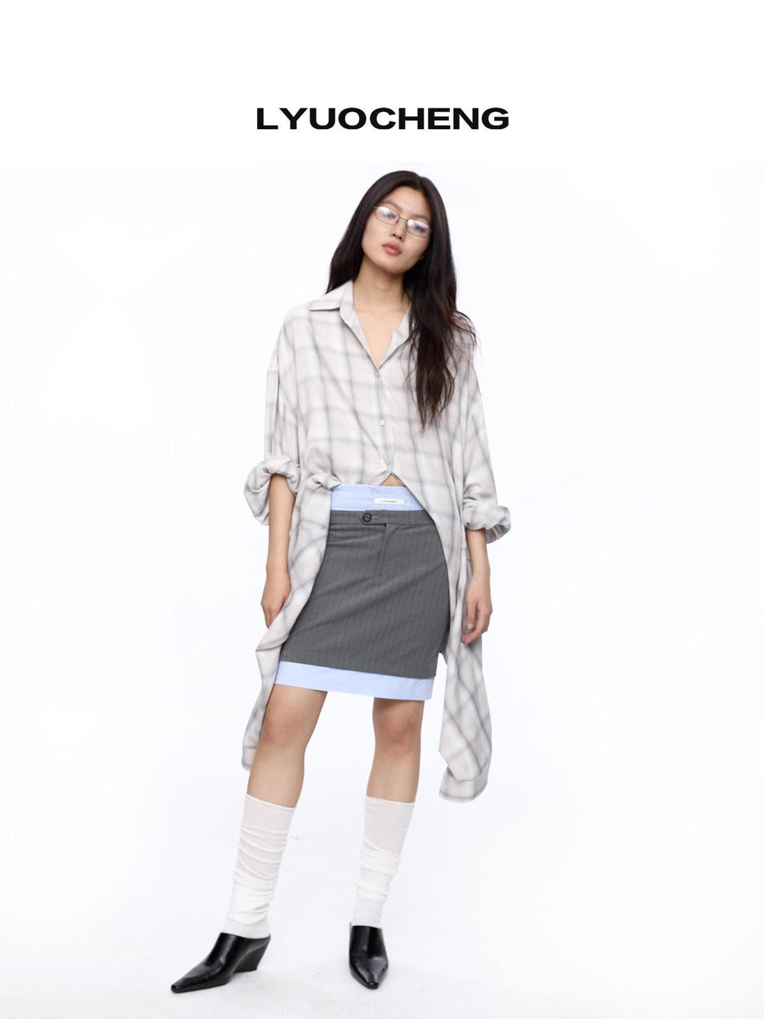 LYUOCHENG Double Collar Plaid Button Down Midi Shirt