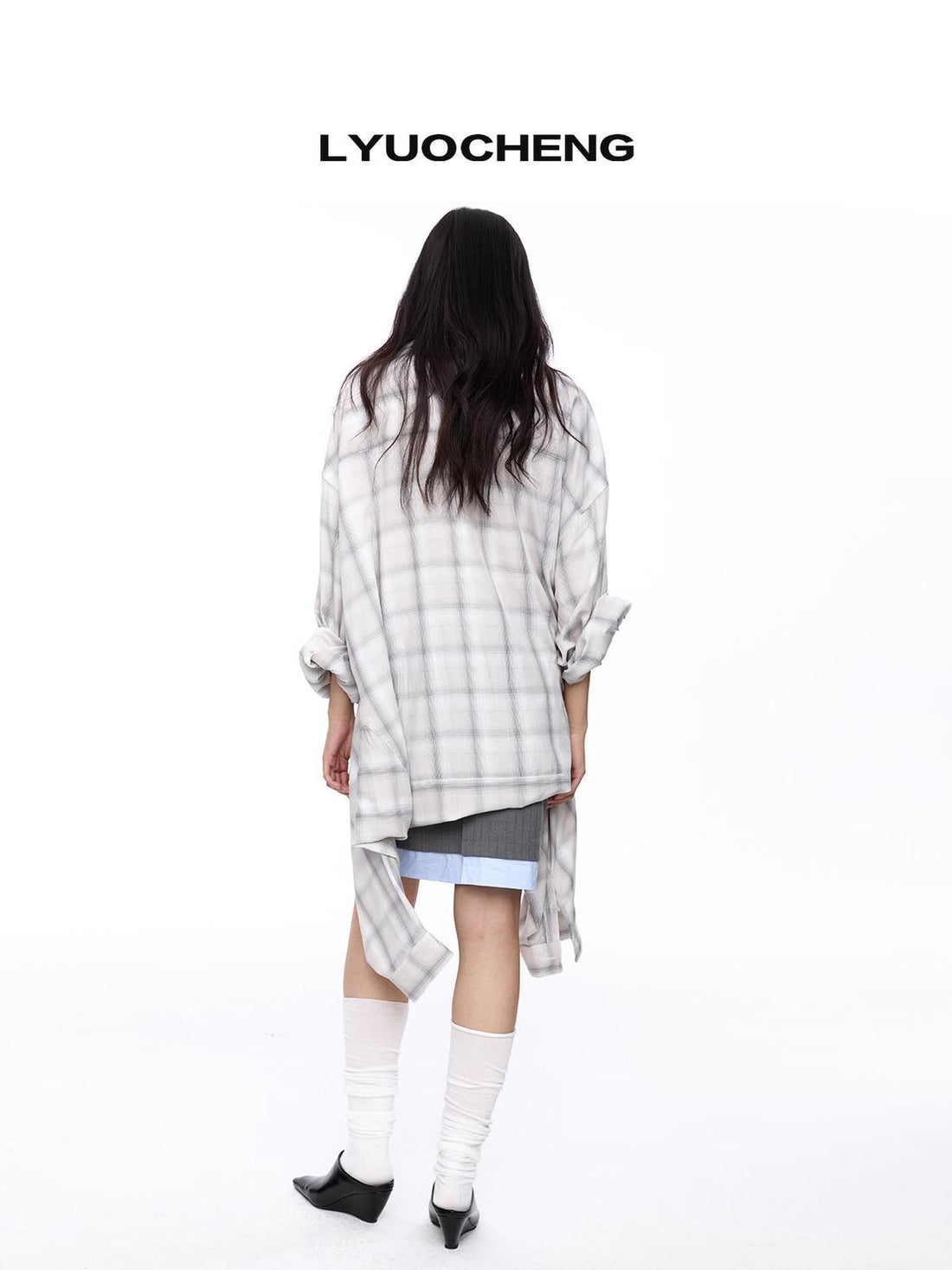 LYUOCHENG Double Collar Plaid Button Down Midi Shirt