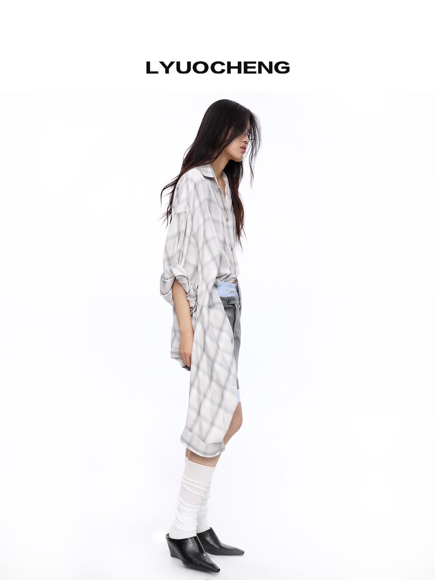 LYUOCHENG Double Collar Plaid Button Down Midi Shirt