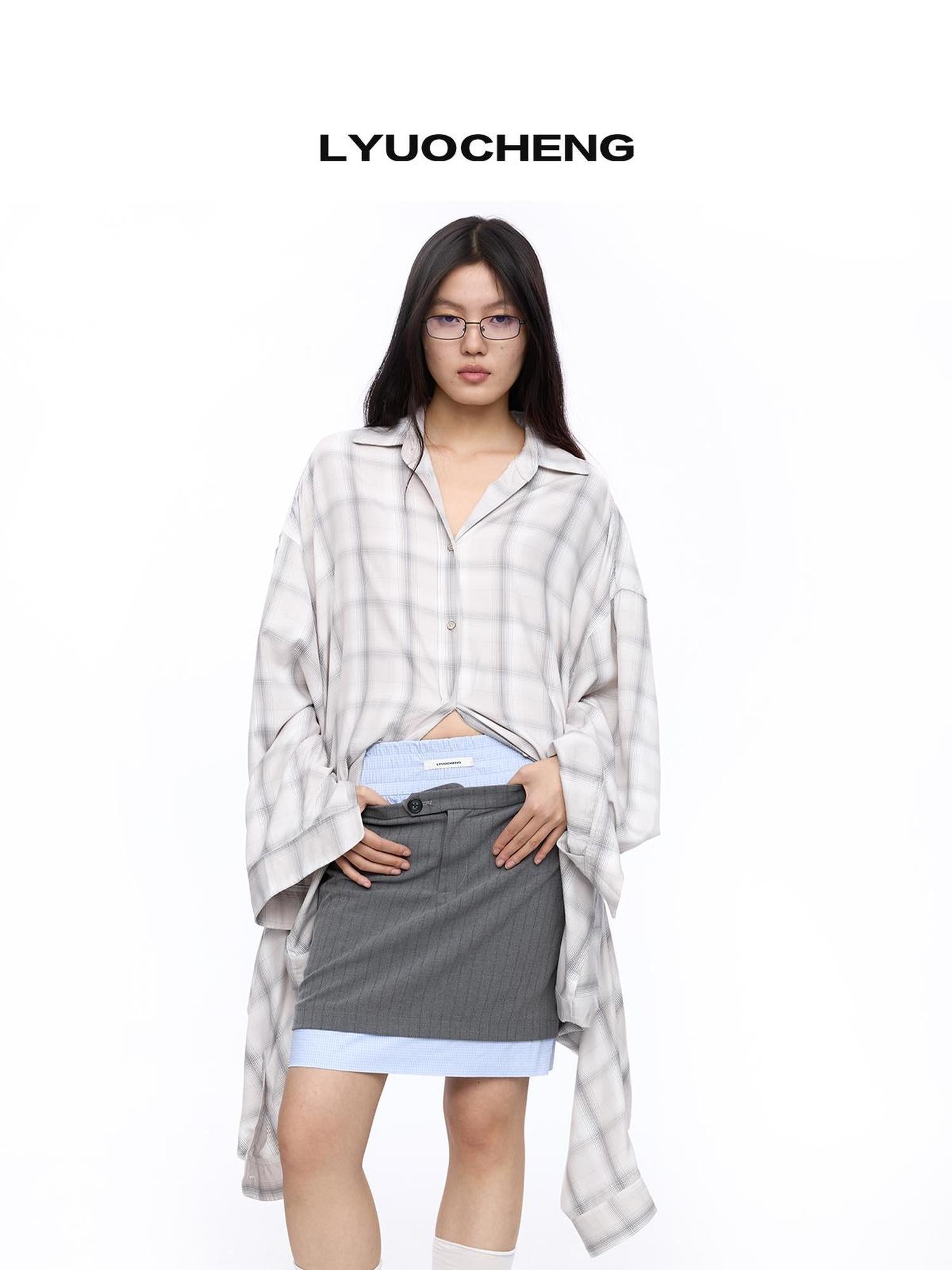 LYUOCHENG Double Collar Plaid Button Down Midi Shirt