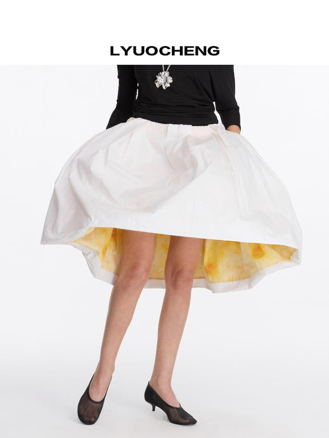 LYUOCHENG Double Sided Yellow Floral Print Wrap A Line Skirt