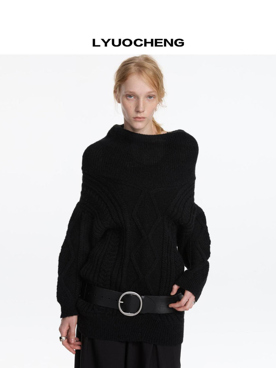 LYUOCHENG Draped Collar Cable Knit Sweater