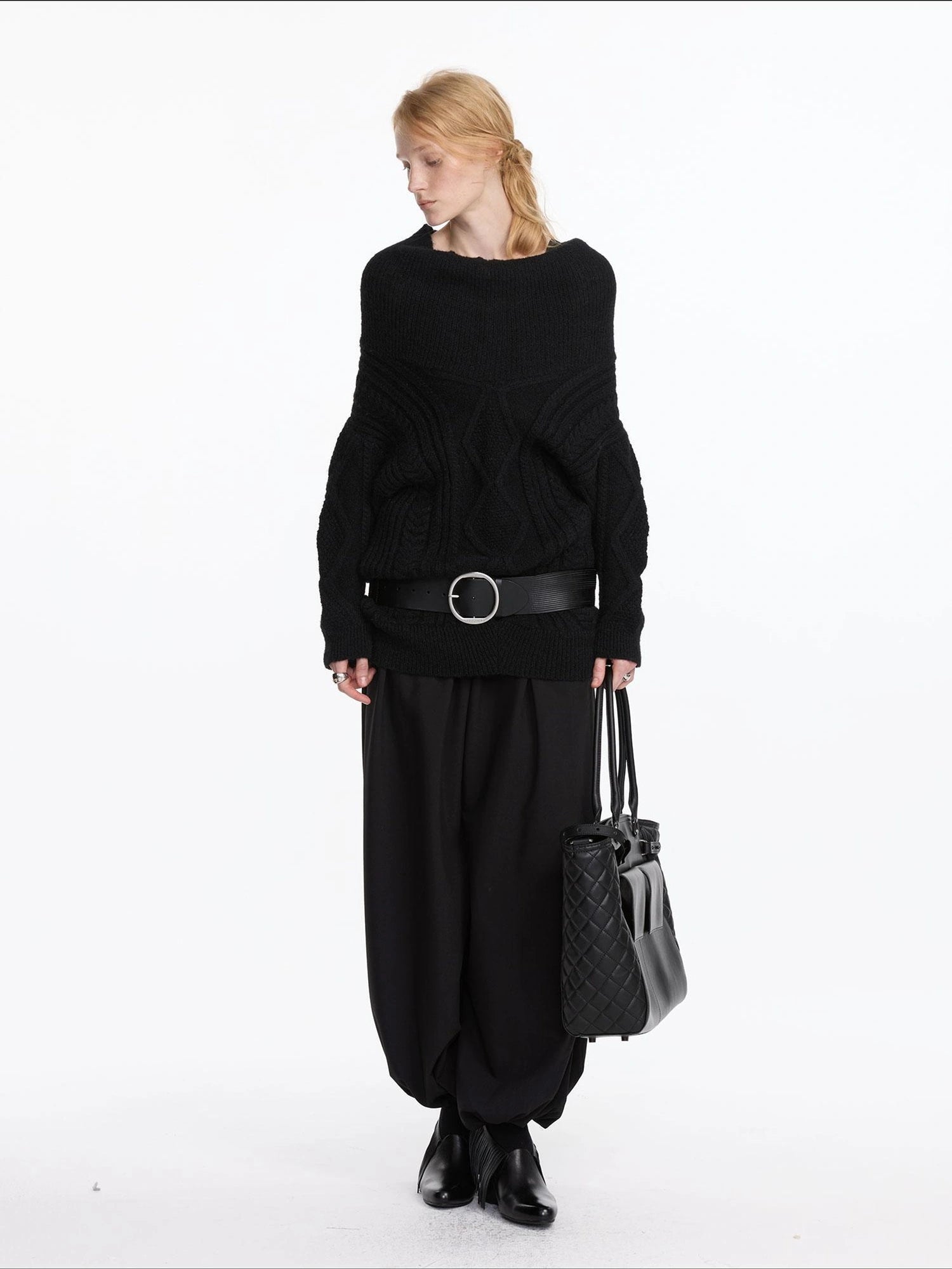 LYUOCHENG Draped Collar Cable Knit Sweater