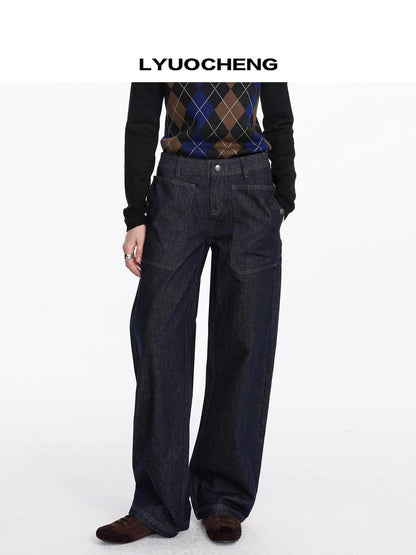 Early Autumn Relaxed Raw Denim Cargo Wide Leg Jeans