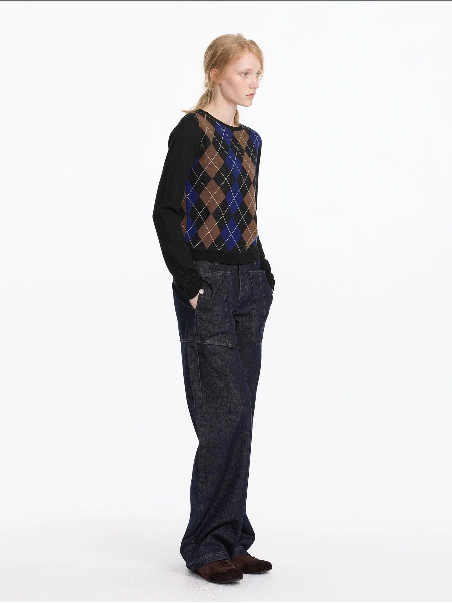 LYUOCHENG Early Autumn Wool Argyle Pattern Color Block Sweater V-neck T-shirt Long Sleeve