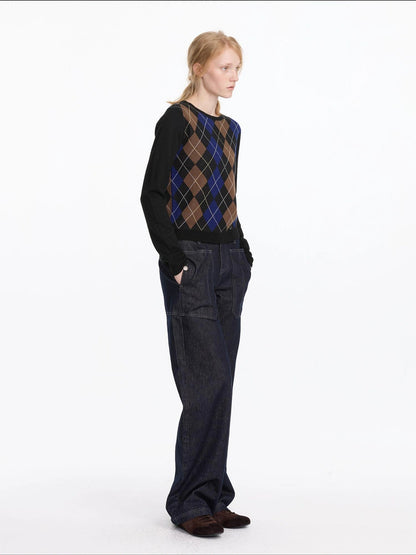 LYUOCHENG Early Autumn Wool Argyle Pattern Color Block Sweater V-neck T-shirt Long Sleeve