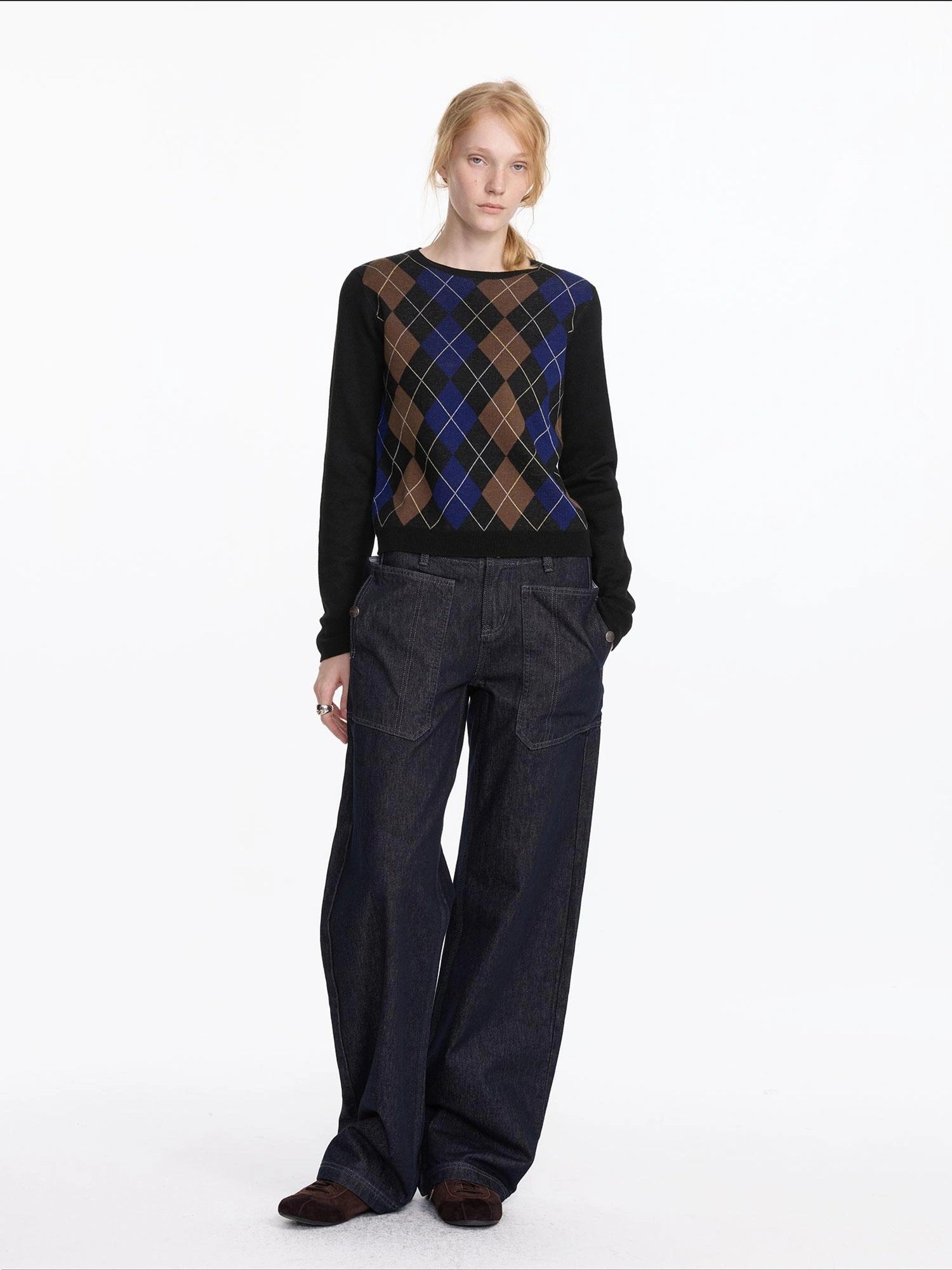 LYUOCHENG Early Autumn Wool Argyle Pattern Color Block Sweater V-neck T-shirt Long Sleeve