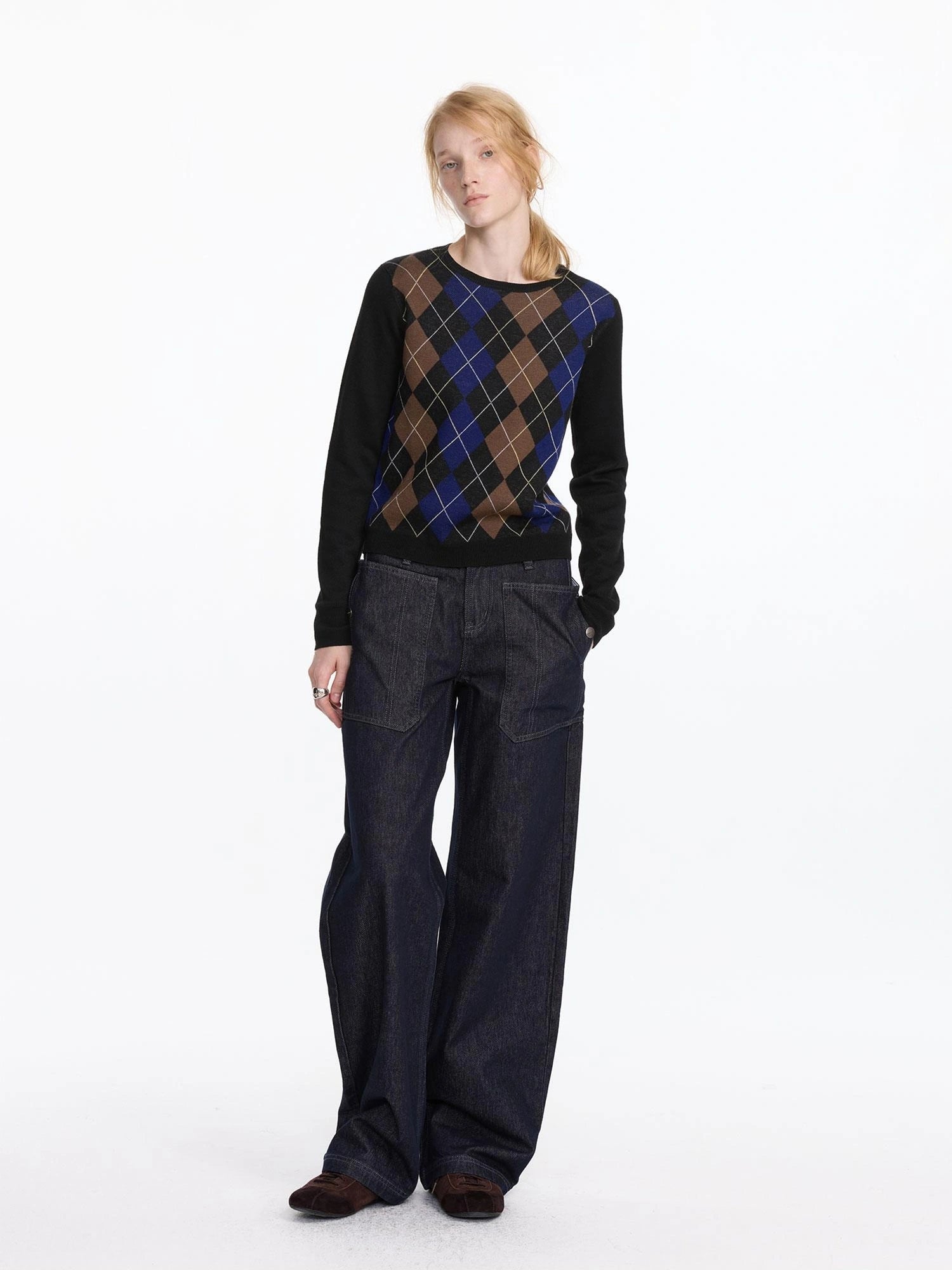LYUOCHENG Early Autumn Wool Argyle Pattern Color Block Sweater V-neck T-shirt Long Sleeve