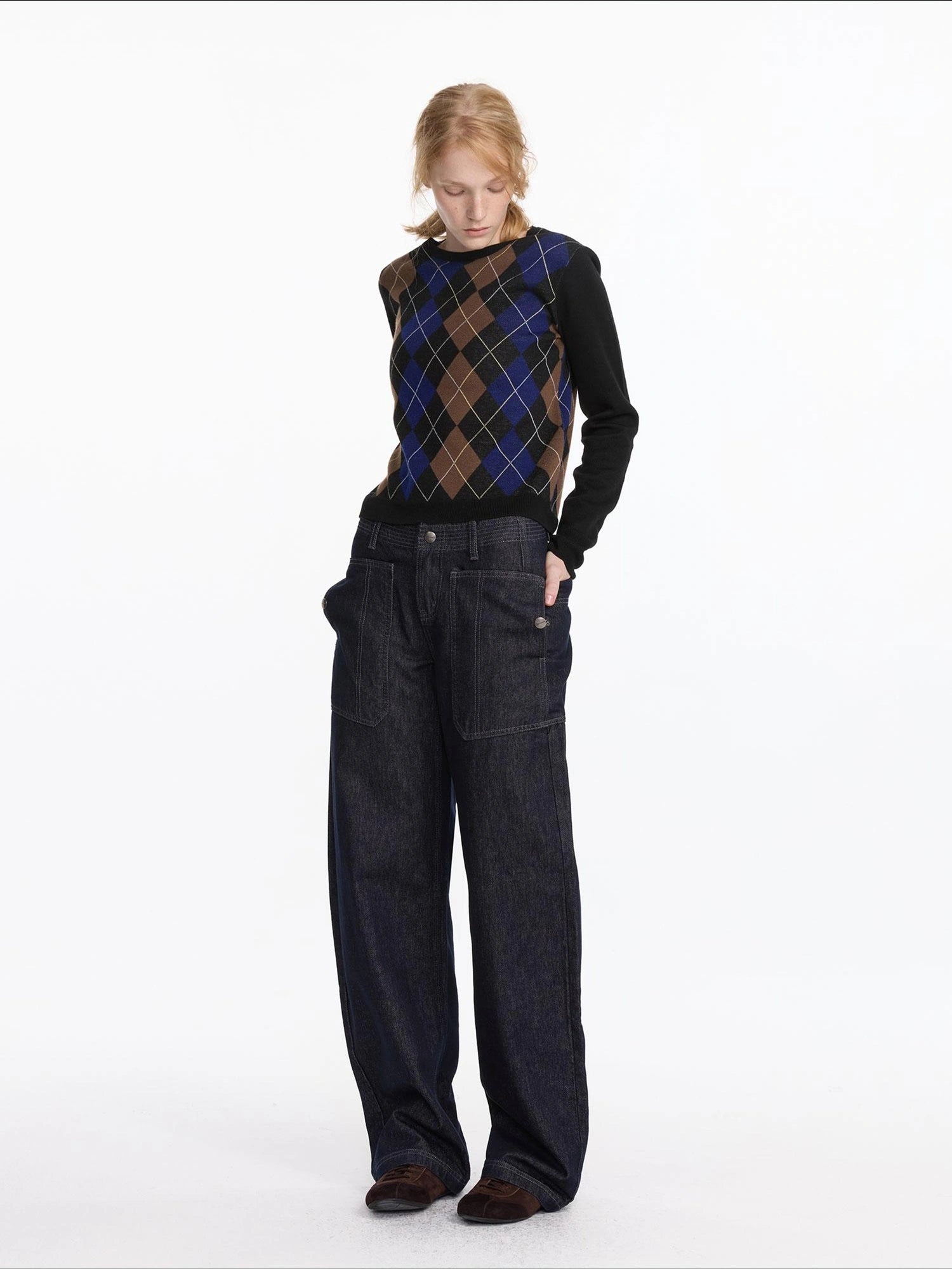 LYUOCHENG Early Autumn Wool Argyle Pattern Color Block Sweater V-neck T-shirt Long Sleeve