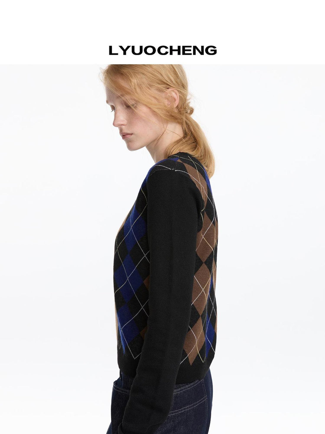 LYUOCHENG Early Autumn Wool Argyle Pattern Color Block Sweater V-neck T-shirt Long Sleeve