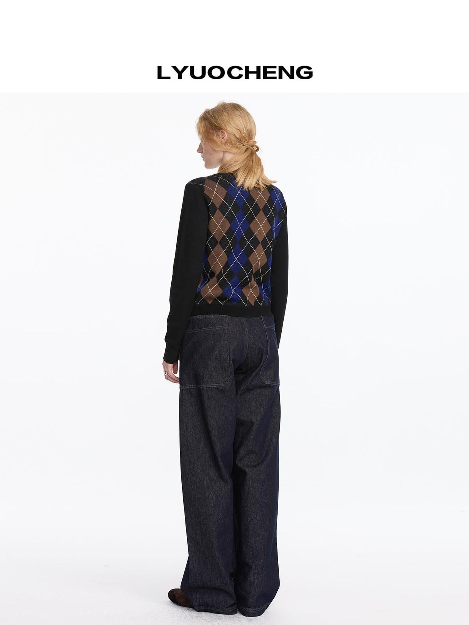 LYUOCHENG Early Autumn Wool Argyle Pattern Color Block Sweater V-neck T-shirt Long Sleeve