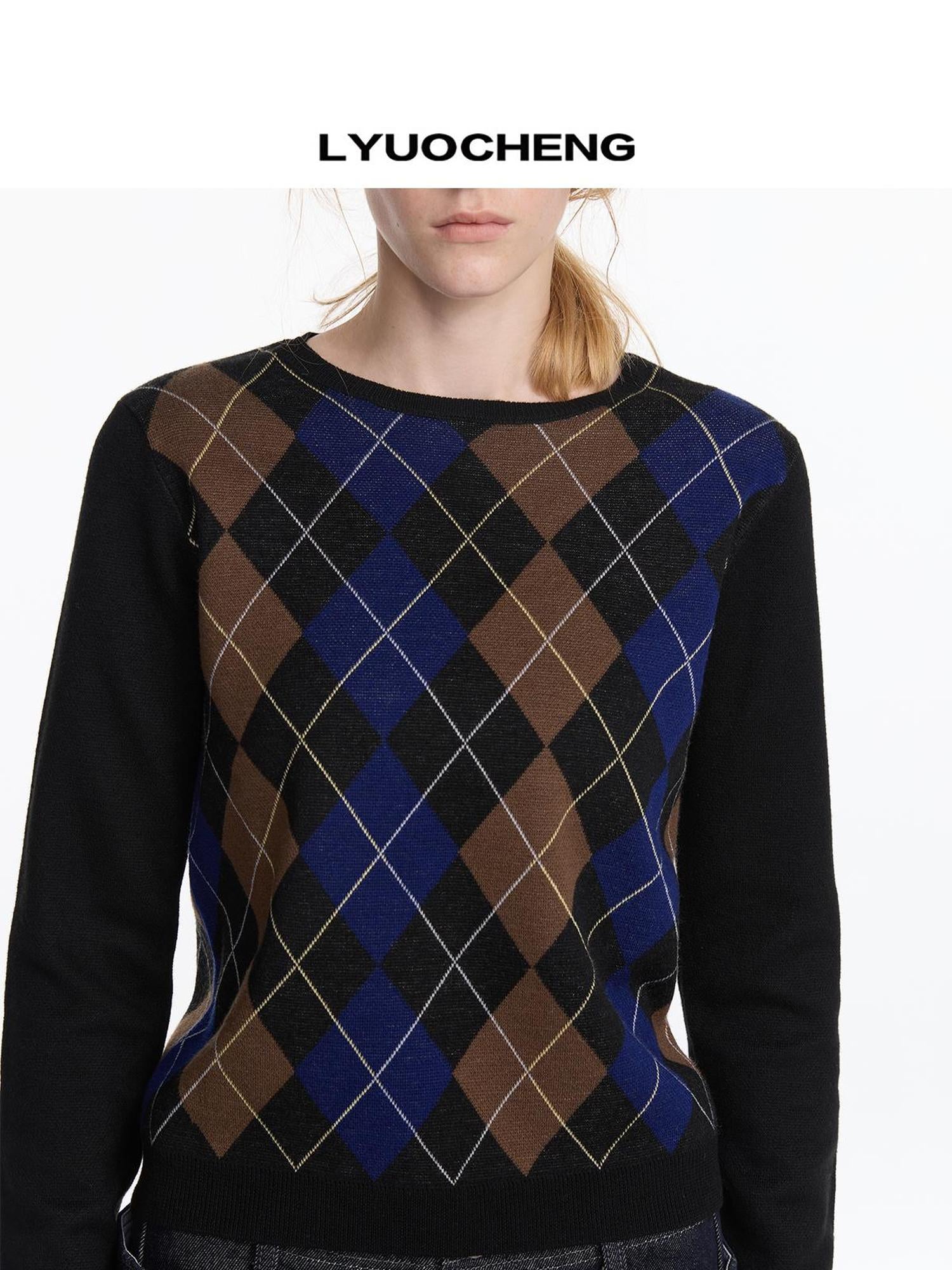 LYUOCHENG Early Autumn Wool Argyle Pattern Color Block Sweater V-neck T-shirt Long Sleeve