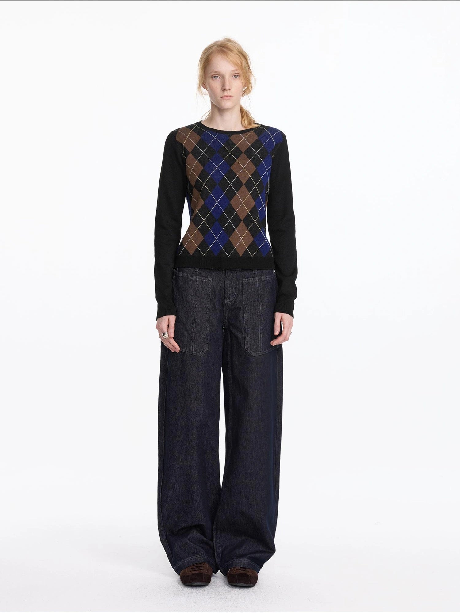 LYUOCHENG Early Autumn Wool Argyle Pattern Color Block Sweater V-neck T-shirt Long Sleeve