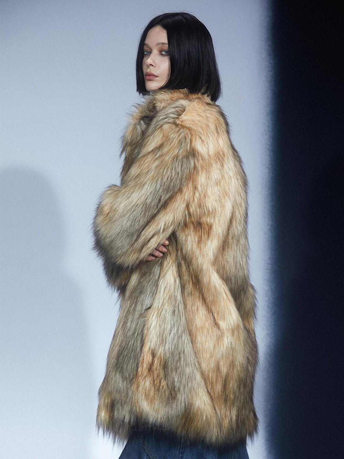 LYUOCHENG Eco Fur Fox Brown Oversized Mid Length Coat