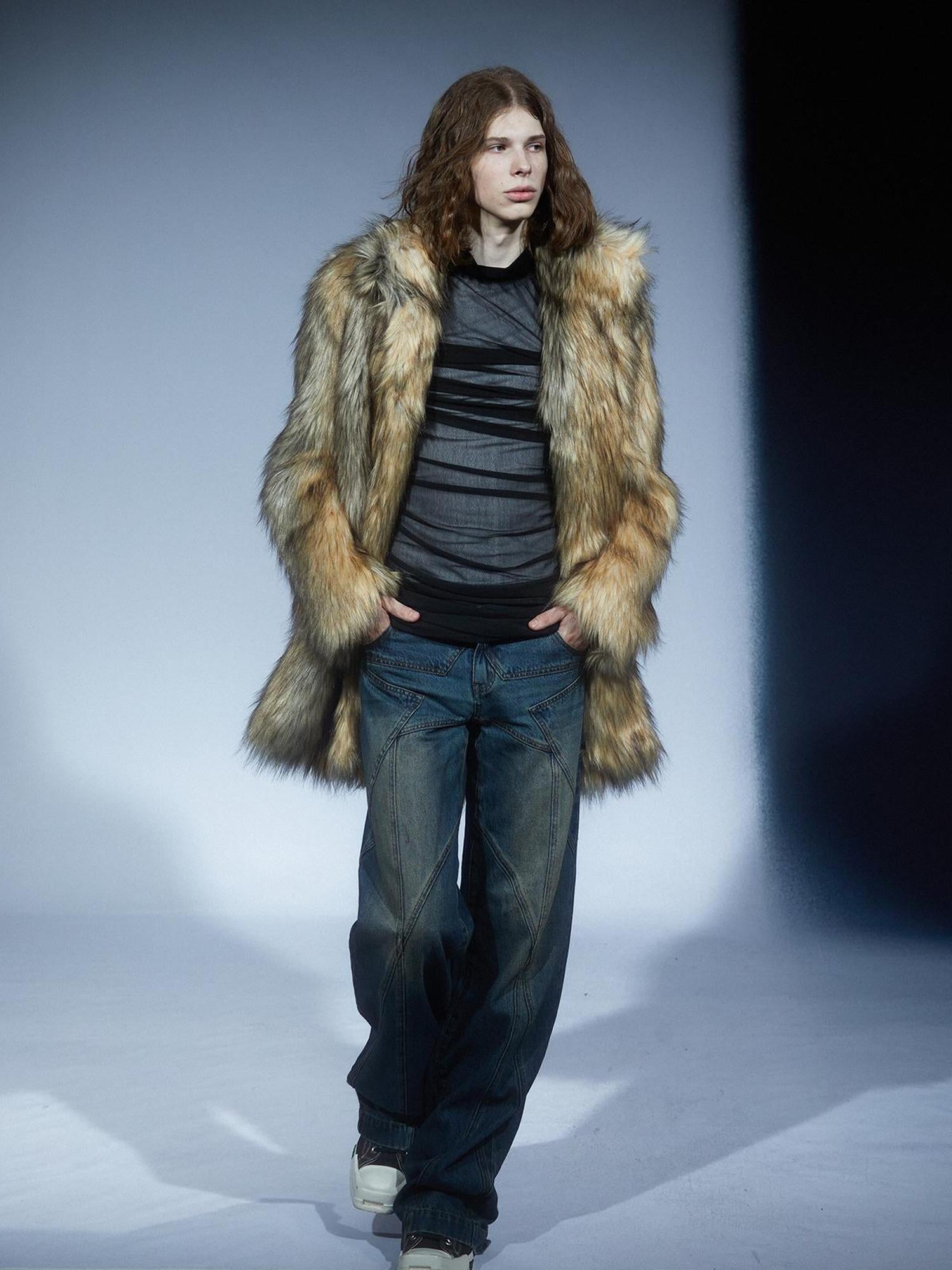 LYUOCHENG Eco Fur Fox Brown Oversized Mid Length Coat
