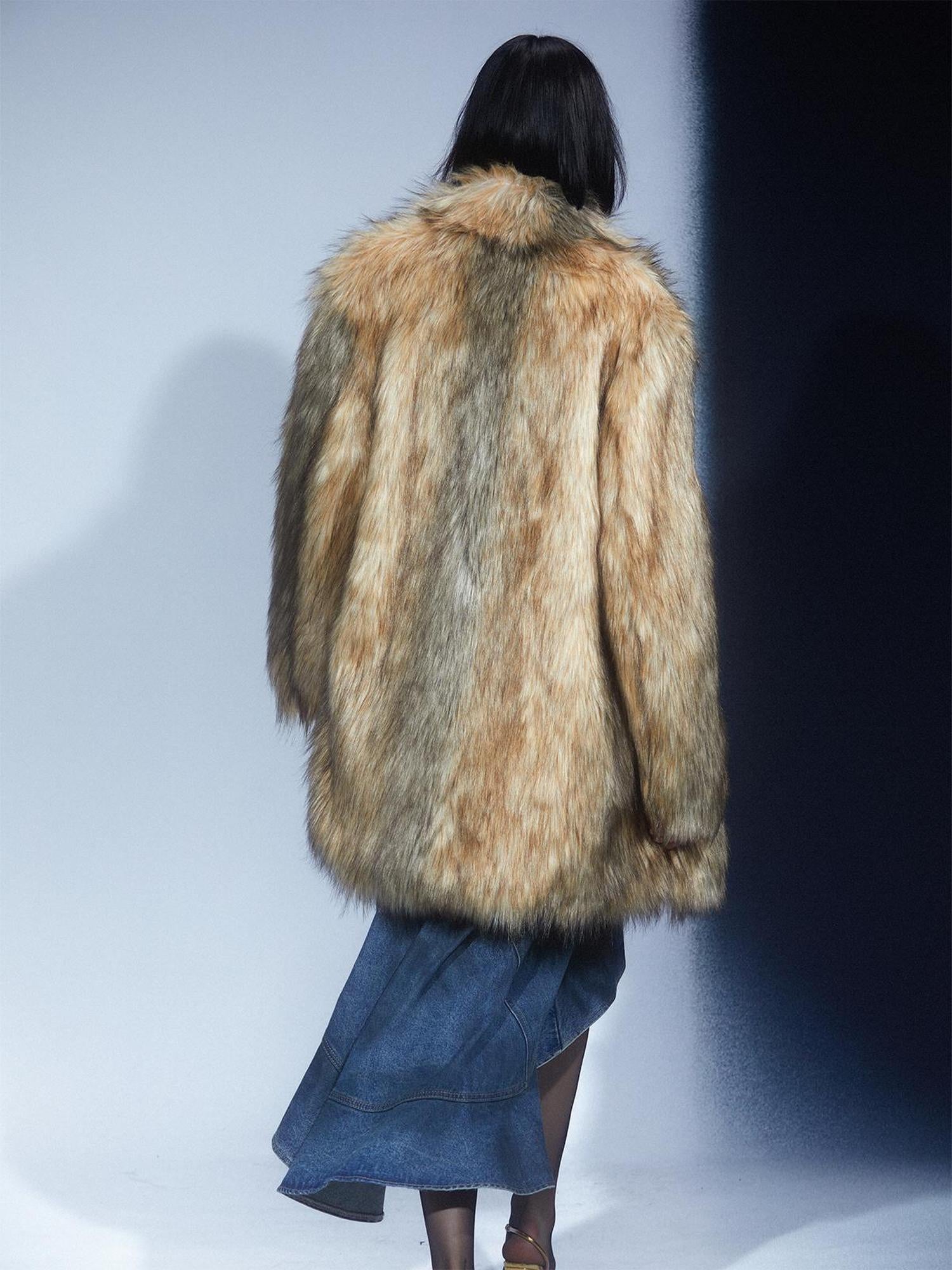 LYUOCHENG Eco Fur Fox Brown Oversized Mid Length Coat