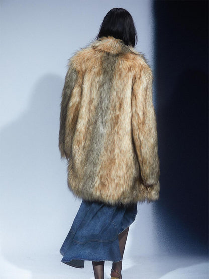 LYUOCHENG Eco Fur Fox Brown Oversized Mid Length Coat