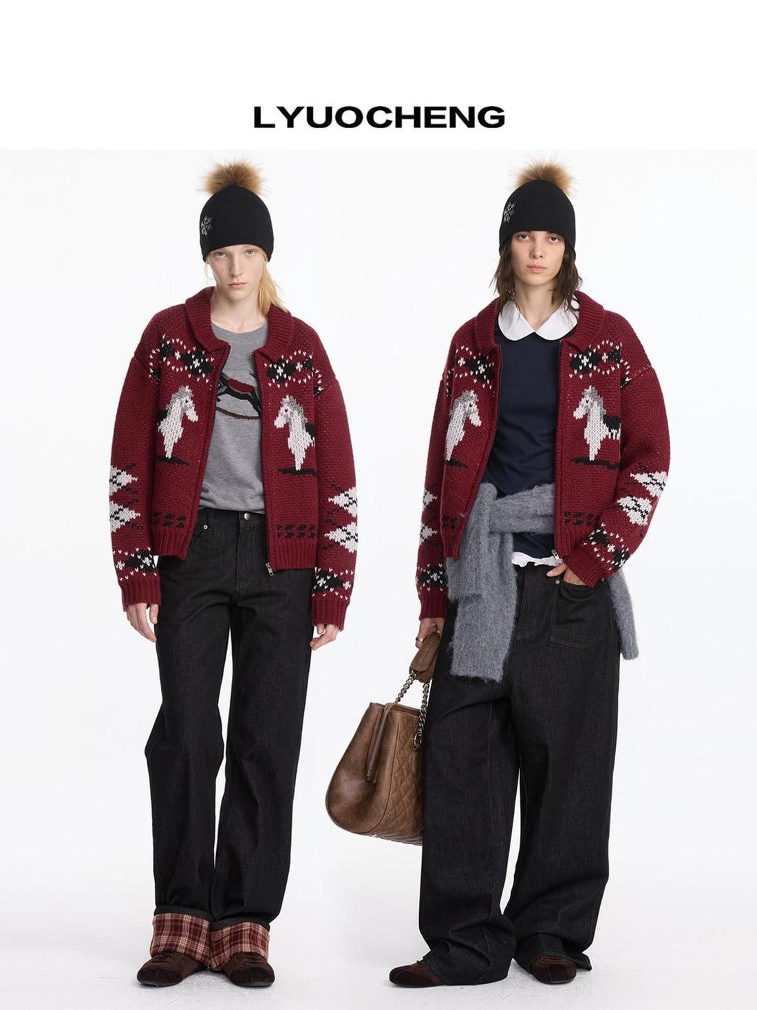 LYUOCHENG Fair Isle Pony Pattern Wool Blend Sweater V-neck T-shirt Long Sleeve