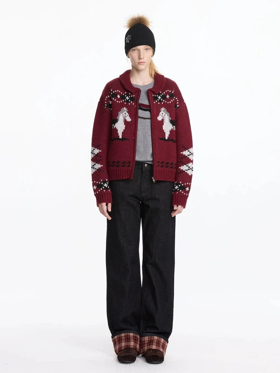 LYUOCHENG Fair Isle Pony Pattern Wool Blend Sweater V-neck T-shirt Long Sleeve