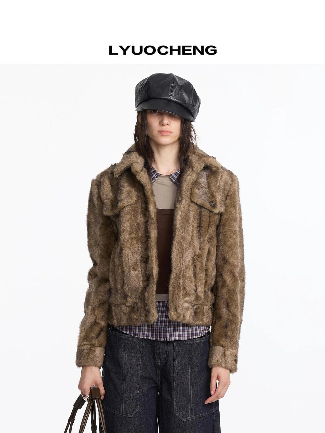 LYUOCHENG Faux Fur Wide Shoulder Jacket In Khaki