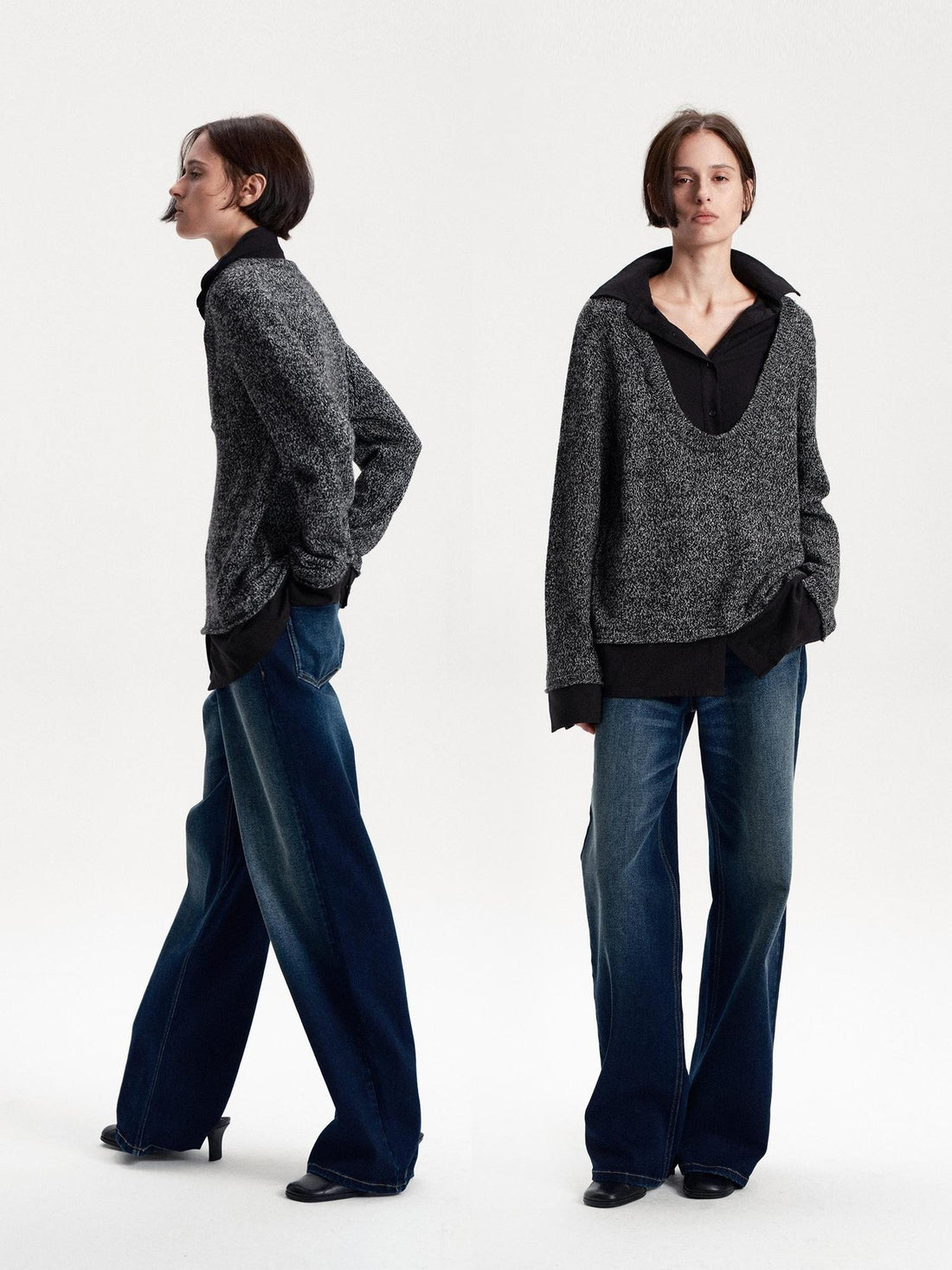 LYUOCHENG Faux Layered Wool Blend Long Sleeve Loose Fit Women&