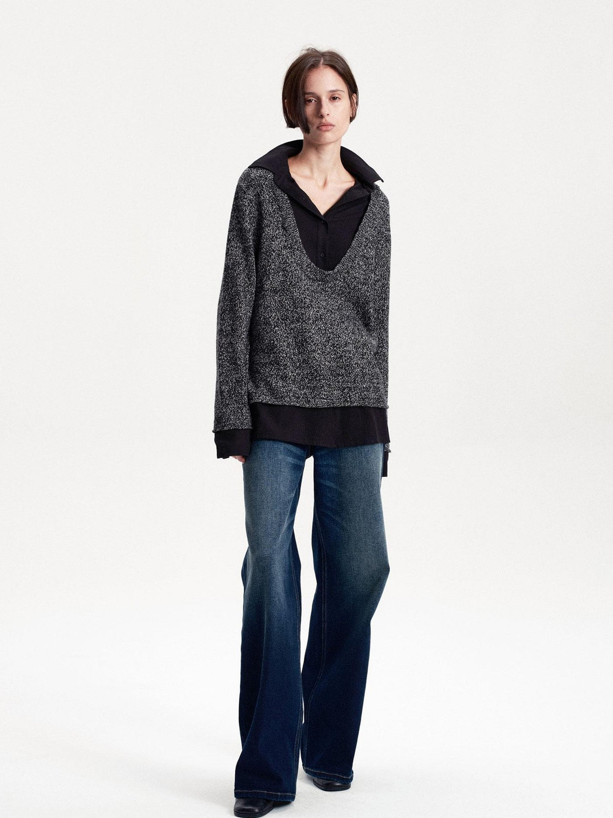 LYUOCHENG Faux Layered Wool Blend Long Sleeve Loose Fit Women&