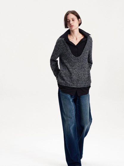 LYUOCHENG Faux Layered Wool Blend Long Sleeve Loose Fit Women&
