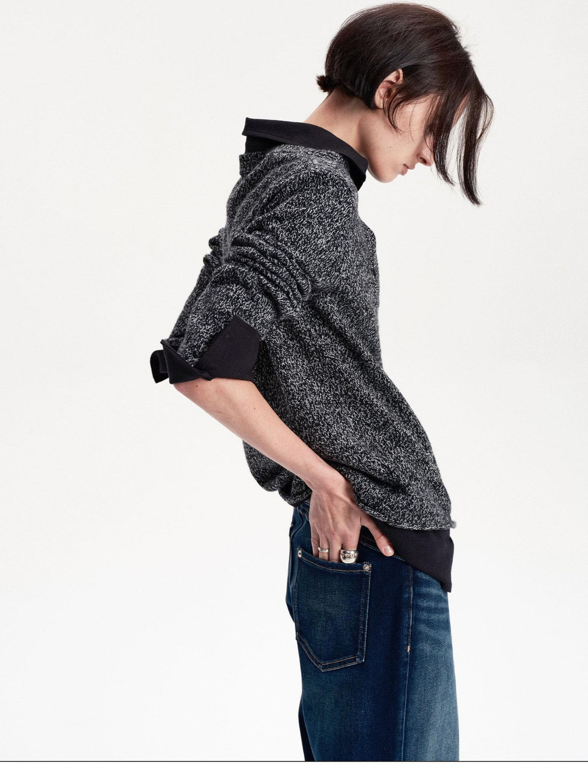 LYUOCHENG Faux Layered Wool Blend Long Sleeve Loose Fit Women&