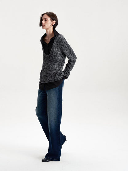 LYUOCHENG Faux Layered Wool Blend Long Sleeve Loose Fit Women&