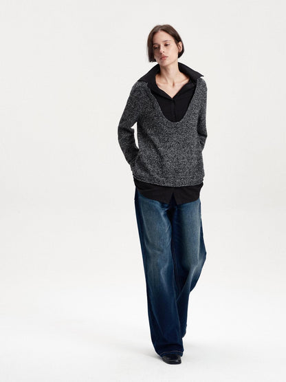 LYUOCHENG Faux Layered Wool Blend Long Sleeve Loose Fit Women&