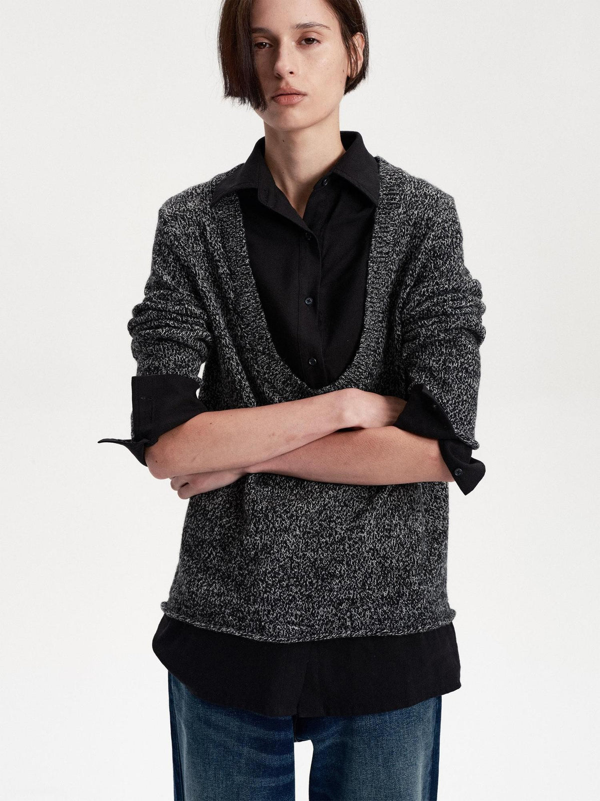 LYUOCHENG Faux Layered Wool Blend Long Sleeve Loose Fit Women&