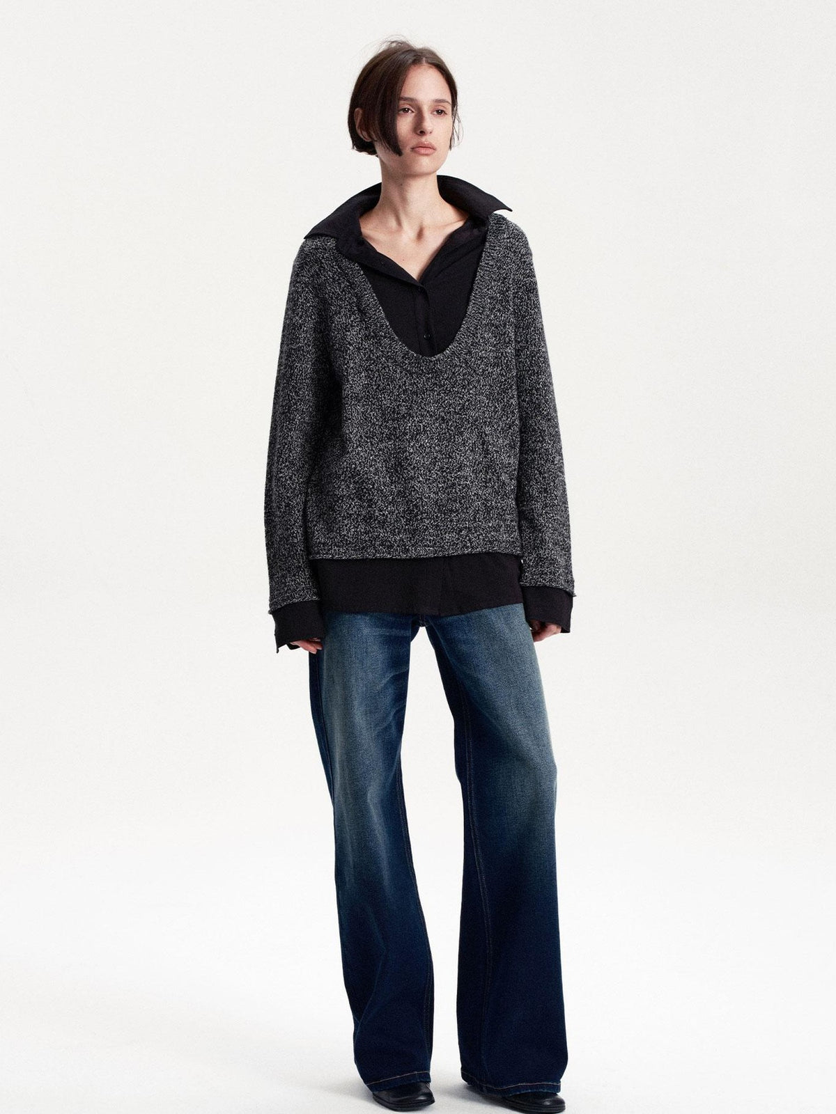 LYUOCHENG Faux Layered Wool Blend Long Sleeve Loose Fit Women&