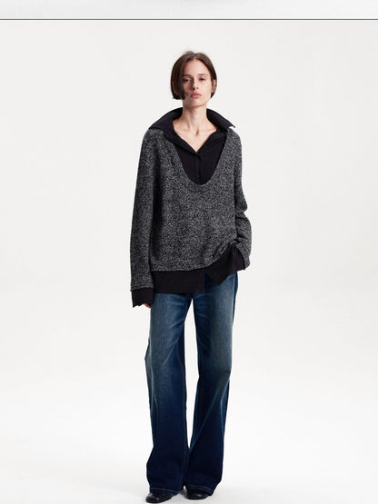 LYUOCHENG Faux Layered Wool Blend Long Sleeve Loose Fit Women&