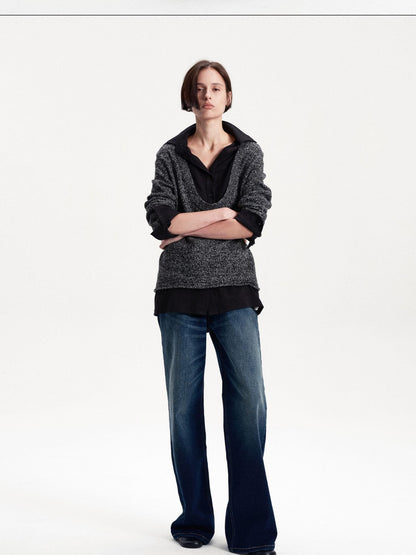 LYUOCHENG Faux Layered Wool Blend Long Sleeve Loose Fit Women&