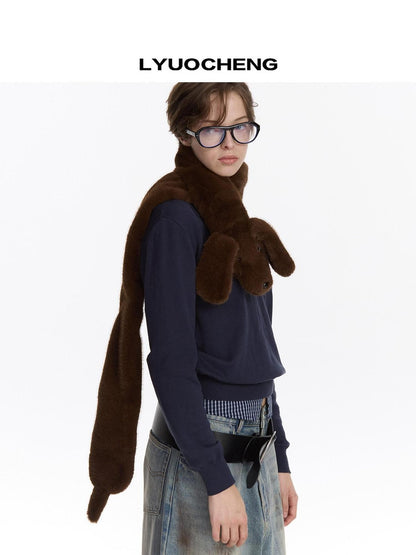 LYUOCHENG Fluffy Dachshund Plush Toy Animal Neck Scarf Women&