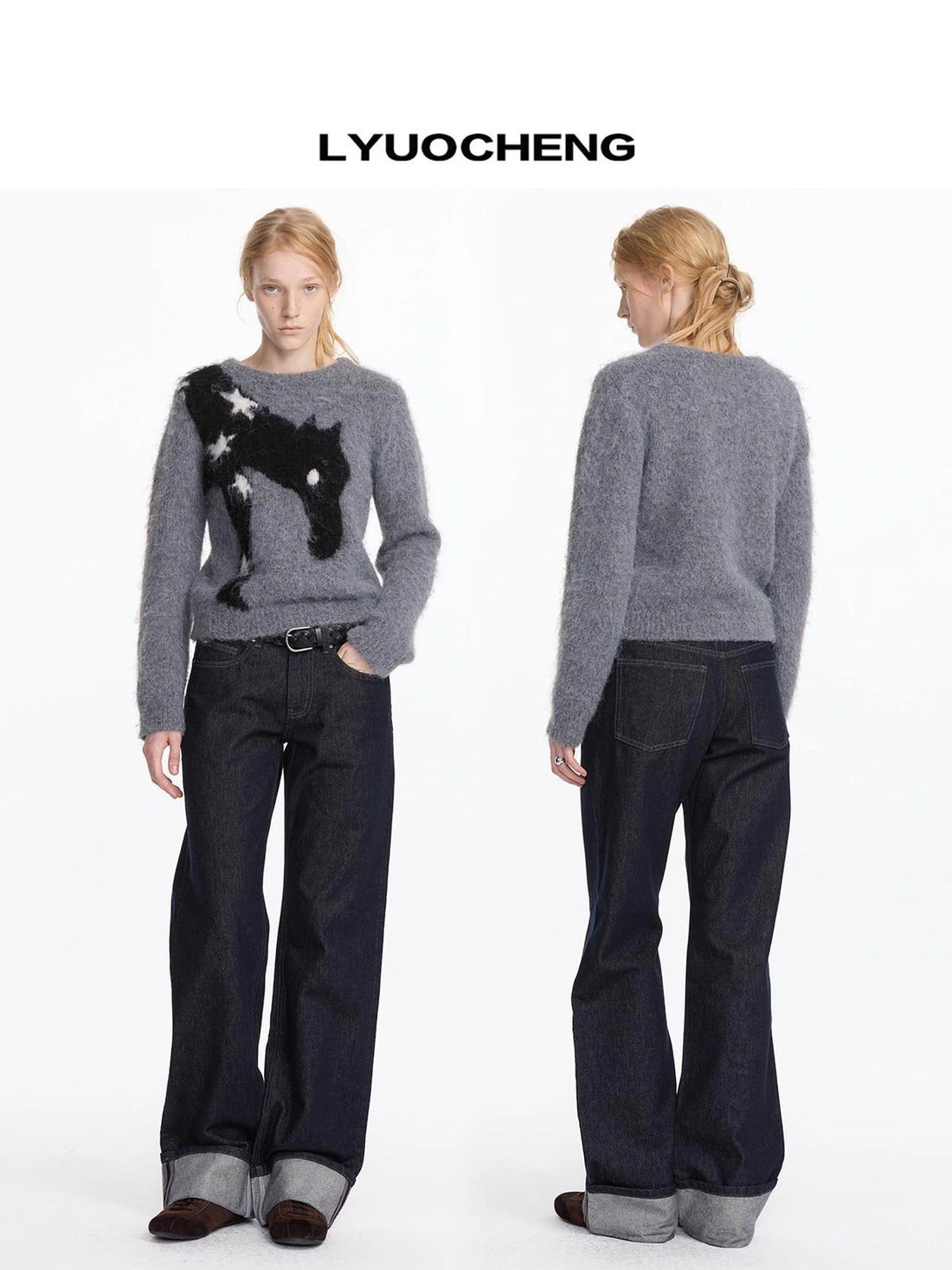 LYUOCHENG Fluffy Star Pony Wool Pullover V-neck T-shirt Long Sleeve