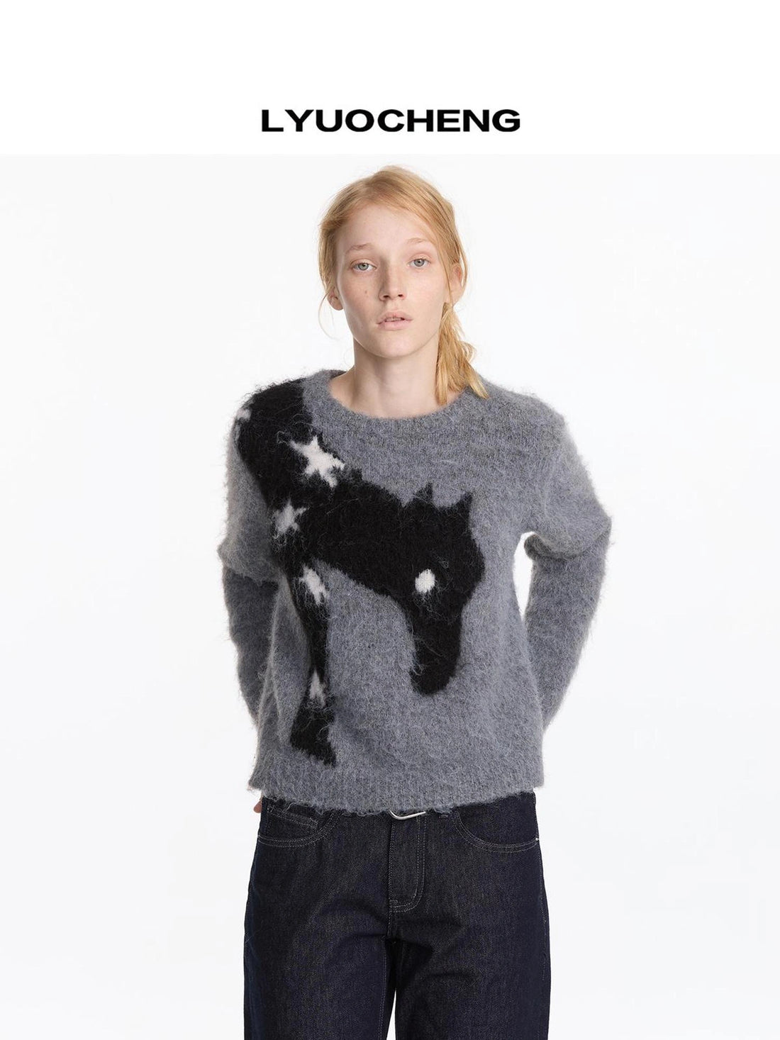 LYUOCHENG Fluffy Star Pony Wool Pullover V-neck T-shirt Long Sleeve