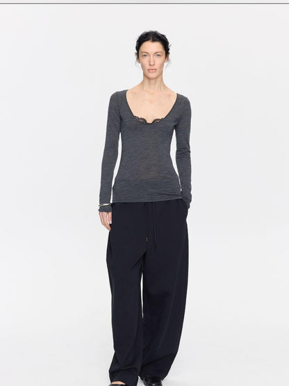 LYUOCHENG Frayed Rolled Edge Wide Crewneck Women&