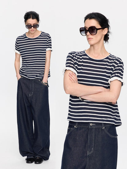 LYUOCHENG Gray White Striped Rolled Hem Women&