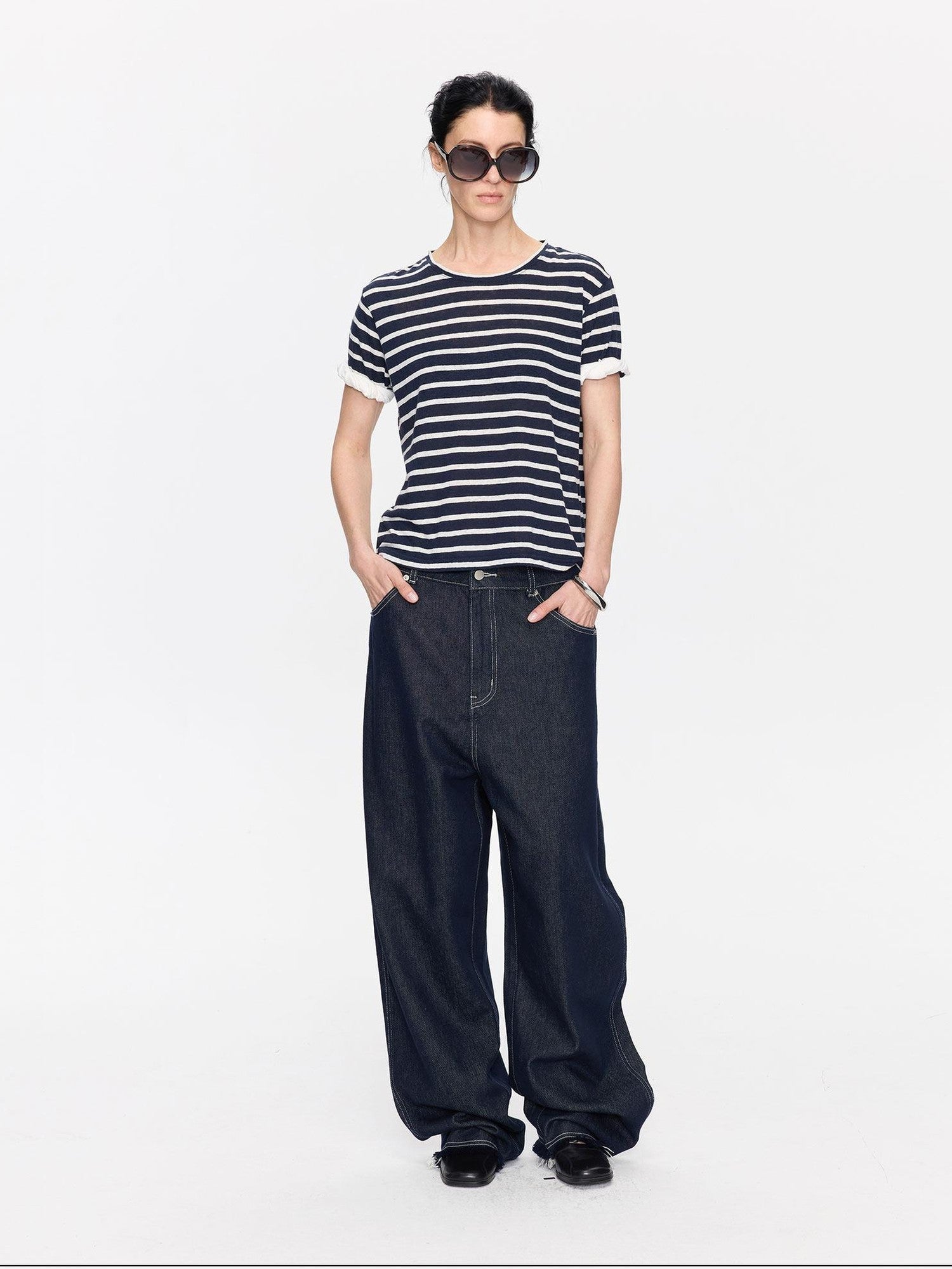 LYUOCHENG Gray White Striped Rolled Hem Women&