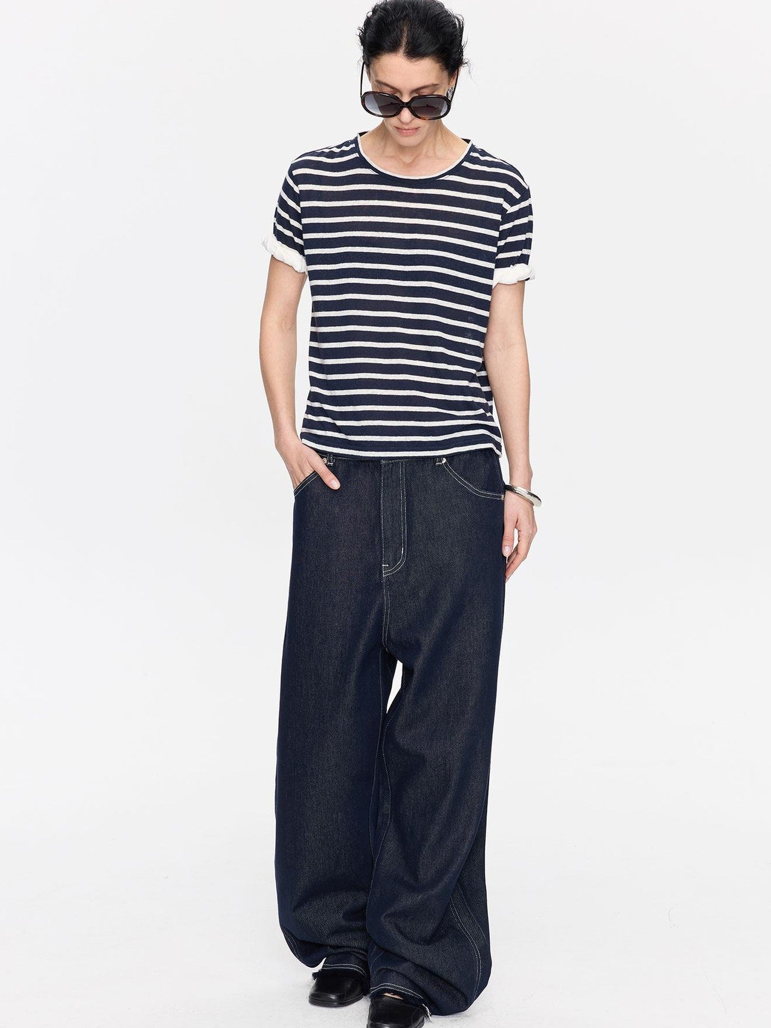 LYUOCHENG Gray White Striped Rolled Hem Women&
