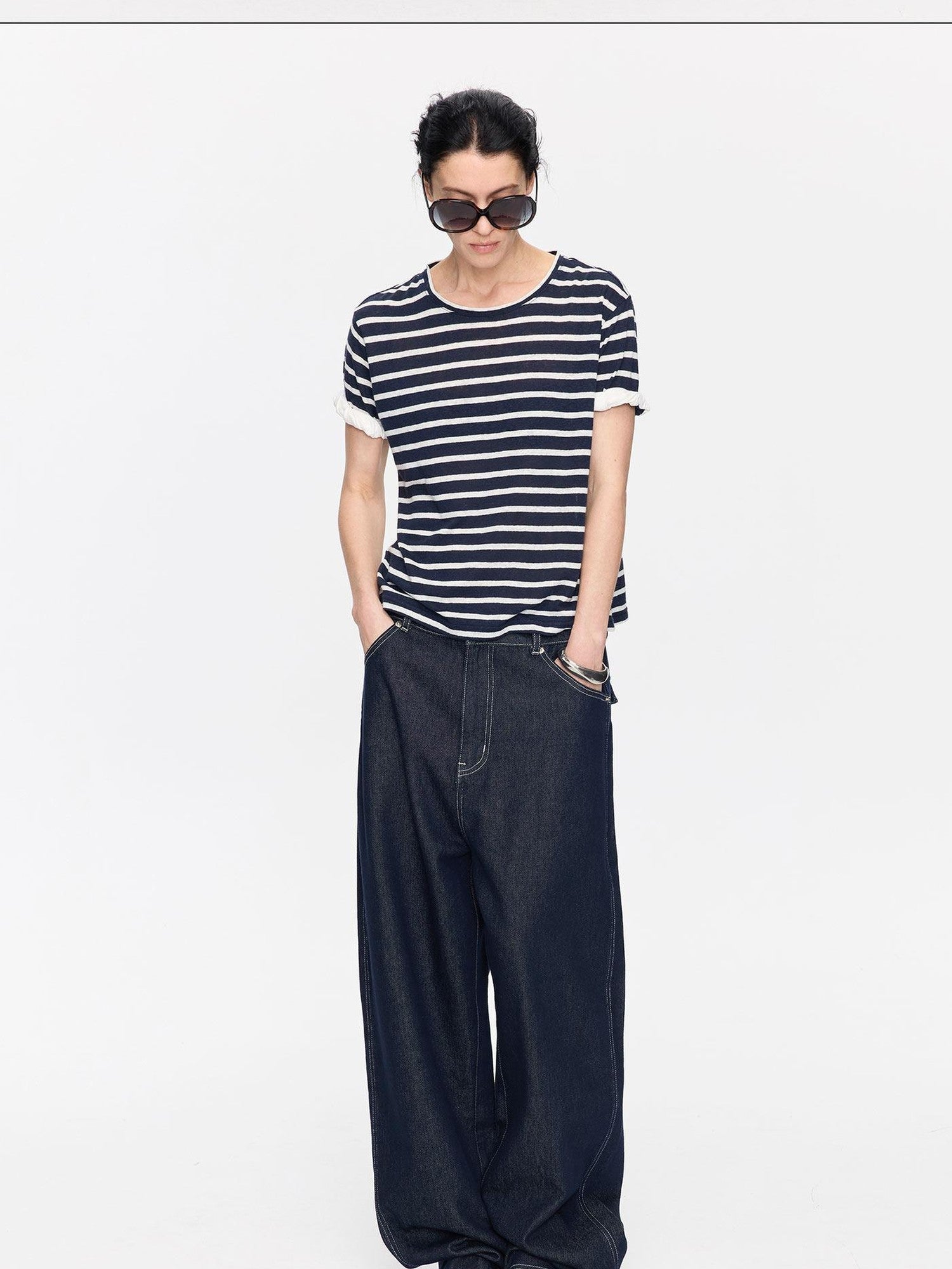 LYUOCHENG Gray White Striped Rolled Hem Women&