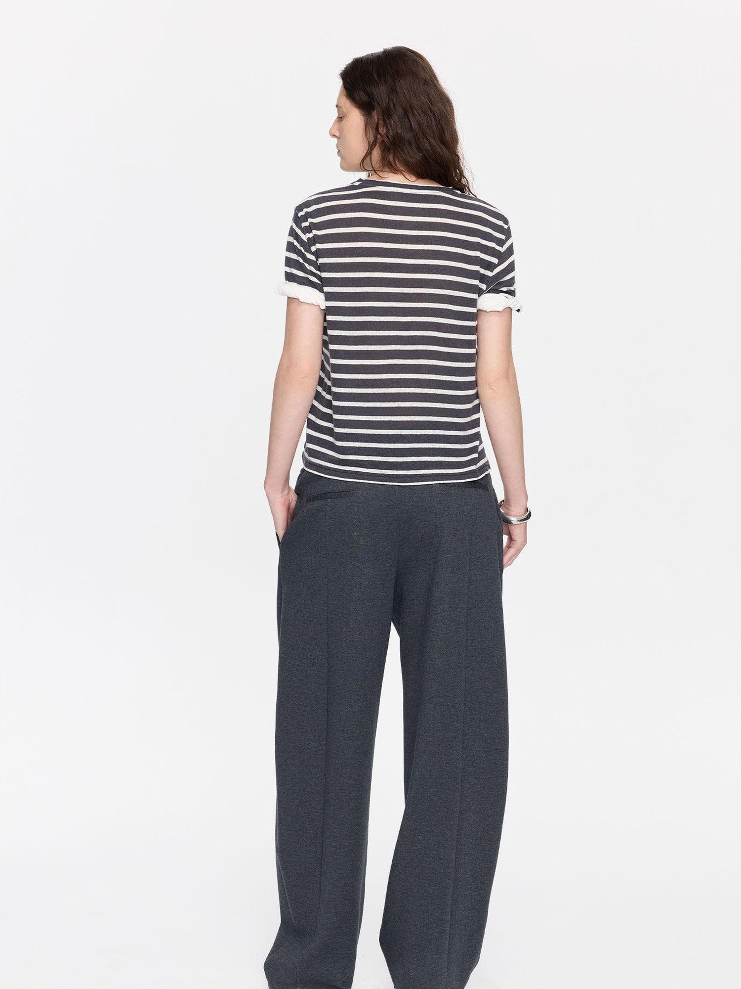 LYUOCHENG Gray White Striped Rolled Hem Women&