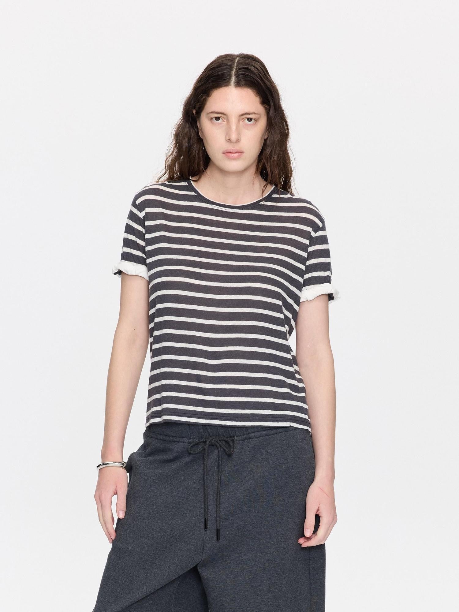 LYUOCHENG Gray White Striped Rolled Hem Women&