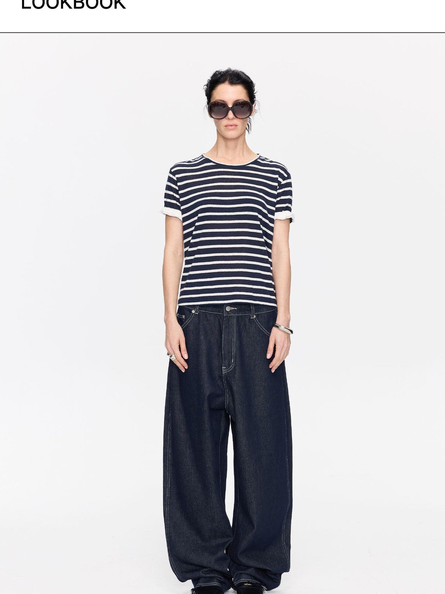 LYUOCHENG Gray White Striped Rolled Hem Women&