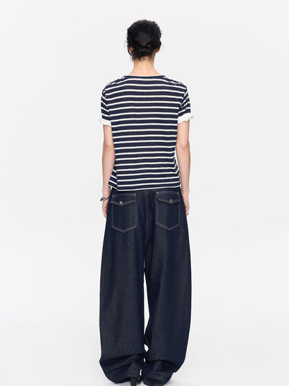 LYUOCHENG Gray White Striped Rolled Hem Women&